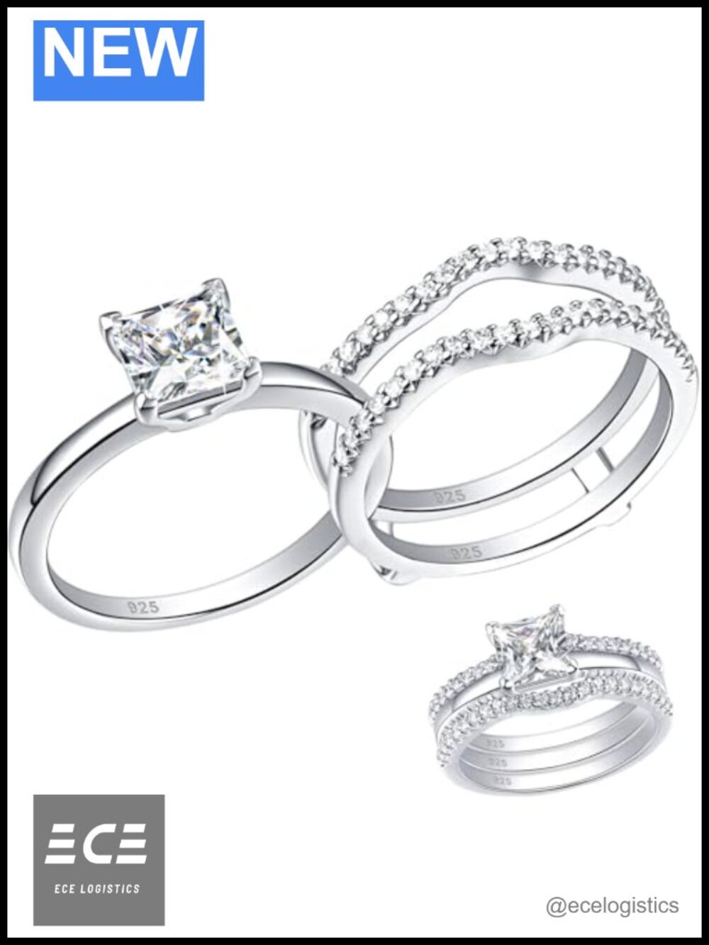 925 Sterling Silver Princess CZ Solitaire Engagement Ring Set Bridal